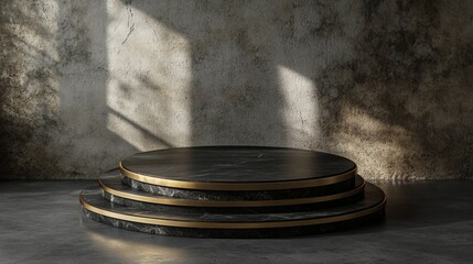 Three-Tiered Black Marble and Gold Podium, Grunge Wall Background, Luxury Display Concept, Product Presentation Product Photography, 3D rendering
