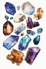 Watercolor Gemstone Composition Vibrant Crystal Cluster, Watercolor Painting, Mineral Art Gemstones,Crystals