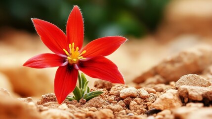 Red Flower in Rocky Terrain Close-up Composition, Vibrant Hues, Resilience Concept, flower photography, desert bloom Desert Flower,Resilience