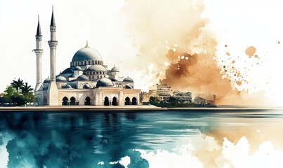 Watercolor Mosque by the Sea Architectural Composition, Islamic Art, Digital Painting, Teal and Beige Hues Islamic Architecture, Mosque Art