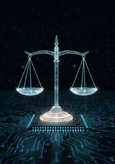 scale of justice, Digital balancing scale justice, fairness in modern technology environment. Holographic scales balance on illuminated datum background of ai circuitry. Innovation concept in abstract