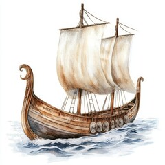 Watercolor Viking Longship Sailing on the Sea Composition, Image Detail, and Concept, viking ship, watercolor painting