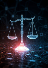 scale of justice, Digital balancing scale justice, fairness in modern technology environment. Holographic scales balance on illuminated datum background of ai circuitry. Innovation concept in abstract
