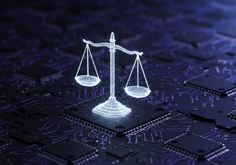 scale of justice, Digital balancing scale justice, fairness in modern technology environment. Holographic scales balance on illuminated datum background of ai circuitry. Innovation concept in abstract