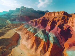 Vibrant rainbow mountains under a blue sky