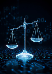 scale of justice, Digital balancing scale justice, fairness in modern technology environment. Holographic scales balance on illuminated datum background of ai circuitry. Innovation concept in abstract