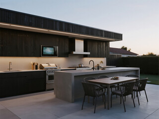 A modern outdoor kitchen with a white and grey stone benchtop, black cabinets, a television mounted on the wall above the stove top