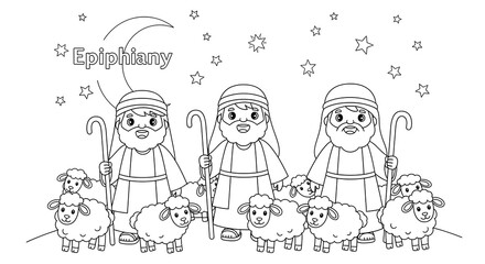 Cartoon Shepherds with Sheep, Epiphany Night, Line Art, Childlike, Peaceful