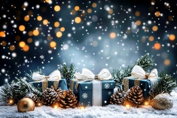 Winter Wonderland Gift Scene Snowy Landscape, Teal Presents, Gold Accents, Bokeh Lights Christmas, Holiday