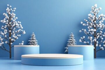 Winter Wonderland Product Display Blue Cylindrical Platform with Snowy Trees, 3D Render, Minimalist Scene,Winter,Product Mockup