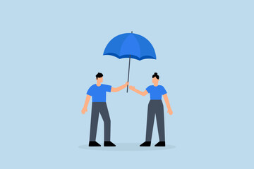 good businessman offers large umbrella to protect employee from harm.