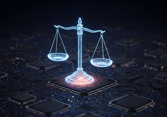 scale of justice, Digital balancing scale justice, fairness in modern technology environment. Holographic scales balance on illuminated datum background of ai circuitry. Innovation concept in abstract