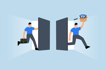 job rotation in people management, entrepreneur arrives at workplace as colleagues depart for new positions.