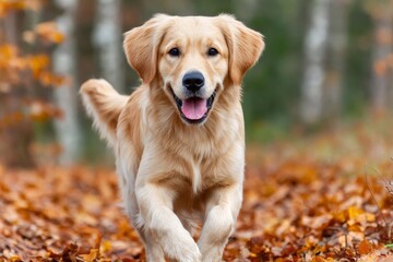 Golden retriever running through autumn leaves in forest