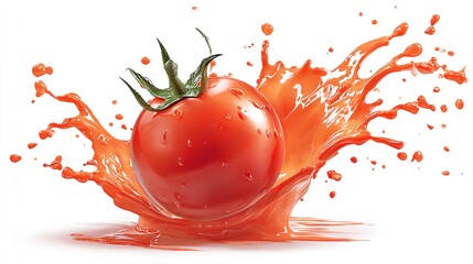 Photograph of a tomato splashing into ketchup on a white background, with a clipping path. Vector illustration, 8K resolution, realistic photography, Generative AI.