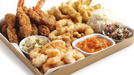 Seafood Platter Fried Shrimp, Calamari, Rice, and Dips, Seafood, Platter