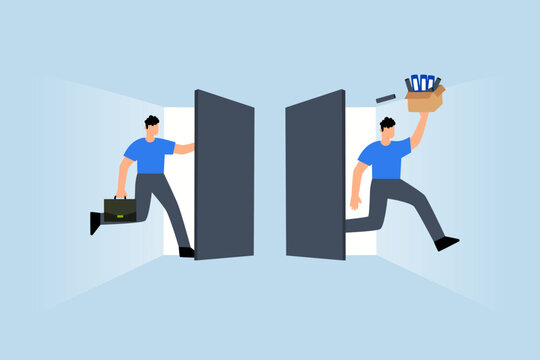 job rotation in people management, entrepreneur arrives at workplace as colleagues depart for new positions.