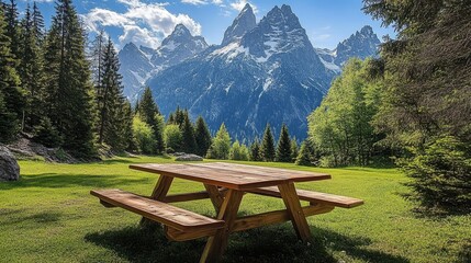 Wooden Picnic Table in Alpine Meadow, Mountain Landscape Photography, Composition Rule of Thirds, Image Details High Resolution, Concept Serene Nature Escape, mountain scenery, outdoor