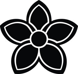Black five petal flower icon with white outline on white background symbol