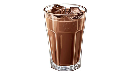 Glass Filled with Iced Chocolate Milk and Ice Cubes Isolated on White Background
