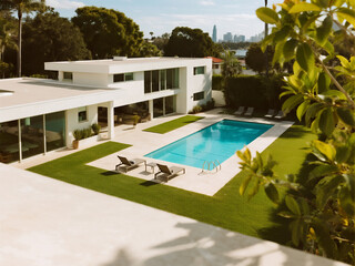 A white modern mansion with a pool and green lawn, a Miami-style landscape, shot from above,