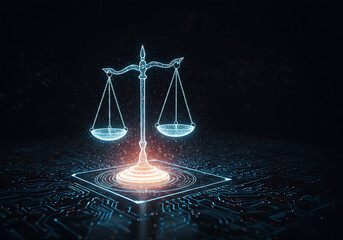 scale of justice, Digital balancing scale justice, fairness in modern technology environment. Holographic scales balance on illuminated datum background of ai circuitry. Innovation concept in abstract