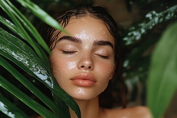 Serene Skincare Wet Skin, Lush Greenery, Close-Up Composition, Beauty Portrait, Tropical Leaves Skincare, Beauty