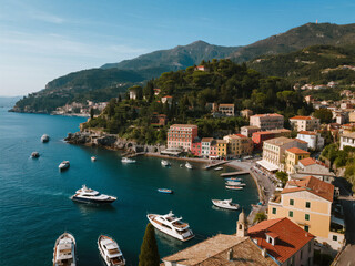 High-angle view of an Italian village and the sea with boats, bright colors, a summer day