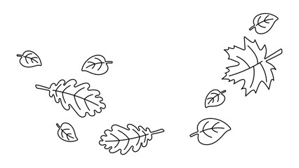 Flying Autumn Leaves Line Art. Editable stroke. Black Outline Vector Illustration of Falling Leaves Blown by Wind, Minimalist Hand Drawn Style for Seasonal, Botanical, or Nature Concepts