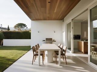An outdoor dining area with a white concrete table and chairs, a wooden ceiling above it