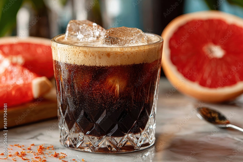Poster close-up of a refreshing dark beverage with ice, foam, and grapefruit slices.