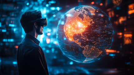 A businessman wearing VR glasses interacts with a holographic globe. The concept of virtual reality, global connectivity, and futuristic business innovation. Generative AI.