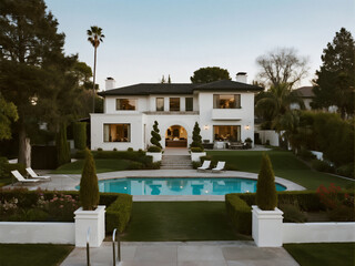 a large white house with a swimming pool in the front, featuring modern landscaping and hedges,