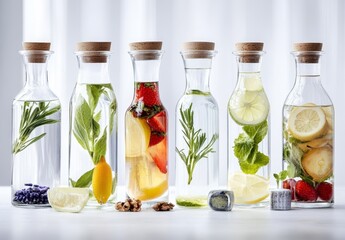 Six Infused Water Bottles Herbal and Citrus Composition, Still Life Photography, Healthy Drink Concept, infused water, healthy drinks