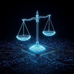 scale of justice, Digital balancing scale justice, fairness in modern technology environment. Holographic scales balance on illuminated datum background of ai circuitry. Innovation concept in abstract