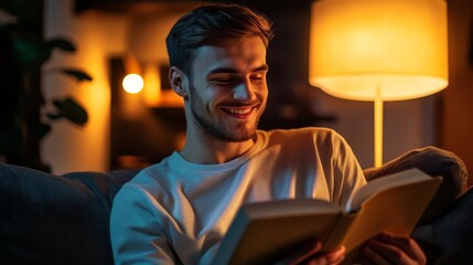 Smiling Man Reading Book at Night Warm Lighting, Close-Up Composition, Peaceful Concept, Bookworm, Cozy Reading Book Lover, Night Reading