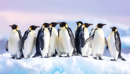 Obraz premium Emperor penguins huddle on an icy landscape