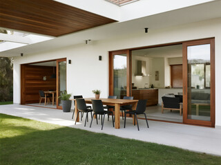 Modern house with sliding doors, a wooden table and chairs on the patio outside, a green lawn in front of the home, white walls, and dark wood accents.