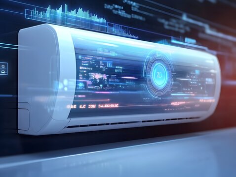 Modern smart air conditioner with futuristic digital interface and blue glow - Powered by Adobe