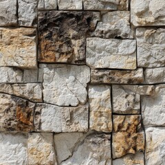 Textured stone wall with rough and aged appearance, perfect for various design applications. The stone bricks have varying shapes, sizes, and shades, creating an appealing aesthetic