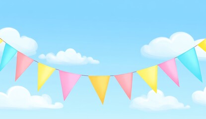 Colorful triangular flags hang against a light blue sky dotted with puffy white clouds