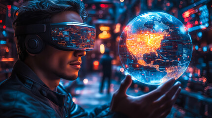 A businessman wearing VR glasses interacts with a holographic globe. The concept of virtual reality, global connectivity, and futuristic business innovation. Generative AI.