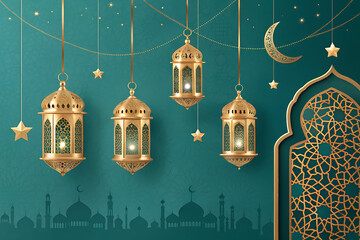 Ramadan Lanterns Floating Over Teal Sky with Crescent Moon and Mosque Silhouette