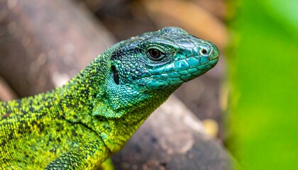 Fototapeta premium Lizard portrait, vibrant green and blue scales