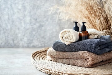 Stacked Towels and Bottles Neutral Spa Still Life, Neutral Tones, Soft Textures, Product Photography Spa Products, Wellness