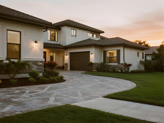 Ultra-realistic photo of an elegant two-story modern home in Florida, showcasing the front view with stone accents and large windows.