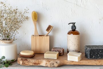 Still Life Photography Wooden Bathroom Accessories, Natural Soaps, and Dried Flowers, rustic, eco-friendly rustic, sustainable