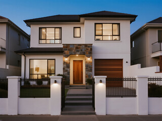 A modern two-story house with white walls and stone features, large windows on the upper floor, a front door, and a garage on one side of the home.