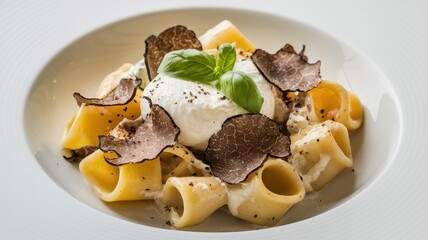 Creamy pasta dish topped with truffle and poached egg.