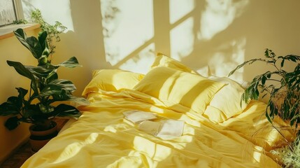 Sunlit Yellow Bedding with Plants, High-Key Photography, Minimalist Bedroom Concept, Yellow Linen, Plants, Sunlight Minimalist, Bedroom